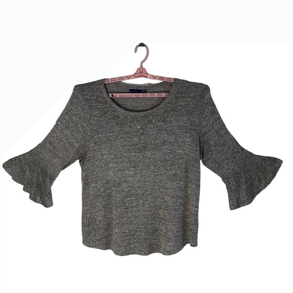 APT 9 Women's Plus Size XXL Gray Bell Sleeve Sweater Beaded Neckline Boho Hippie - Picture 2 of 12